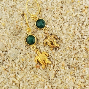 Sea Turtle IV: Golden Sea Turtles and Raw Emerald Earrings