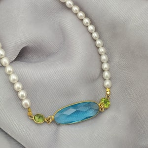 Summer Bright: Shimmering Blue Topaz and Bright Peridot paired with White Rice Pearl Necklace