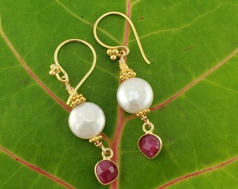 Perfect Pearls: Freshwater White Coin Pearls and Raw Ruby Dangle Earrings