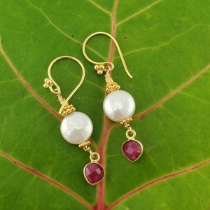 Perfect Pearls: Freshwater White Coin Pearls and Raw Ruby Dangle Earrings