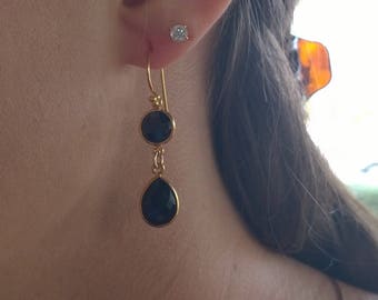 Iconic Black Onyx Coin and Teardrop Golden Vermeil Earrings