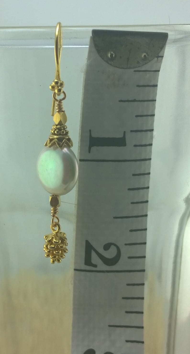 White Coin Pearl and Golden Vermeil Pinecone Earrings