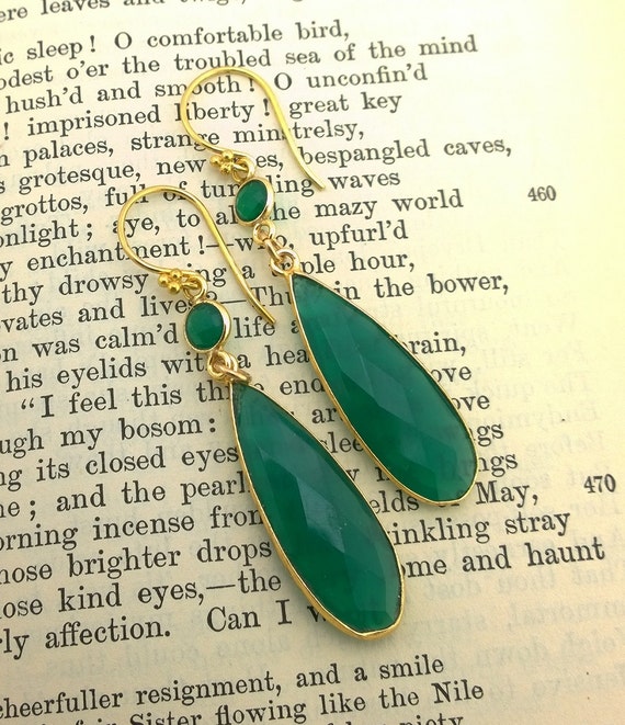 Green Onyx Teardrop Vermeil Earrings, Faceted Dangle Design