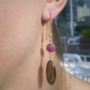 Raw Ruby Smoky Quartz Earrings, Bezeled Ruby and Smoky Quartz Earrings in Gold image 1