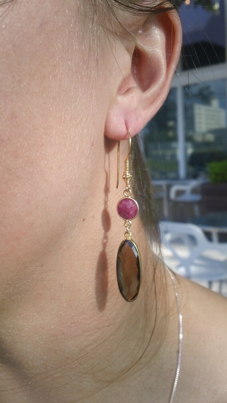 Raw Ruby Smoky Quartz Earrings, Bezeled Ruby and Smoky Quartz Earrings in Gold image 1