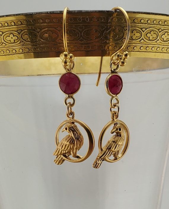 Golden Raven Earrings with Raw Ruby