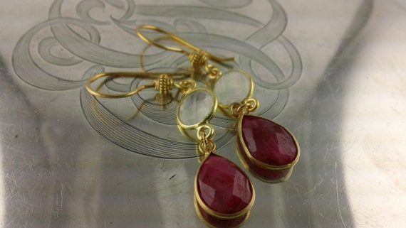 Faceted Raw Ruby and Moonstone Earrings