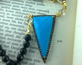 Pave-Set Natural Turquoise Arrowhead Pendant with Faceted Black Onyx Necklace