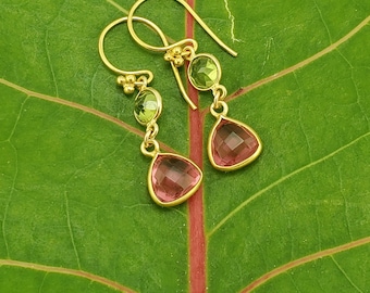 Garden Party: Delicate Triangles of Pink Tourmaline and Bright Peridot Earrings