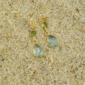 Summer Bright: Shimmering Blue Topaz Teardrops and Bright-Green Peridot Earrings in Golden Vermeil