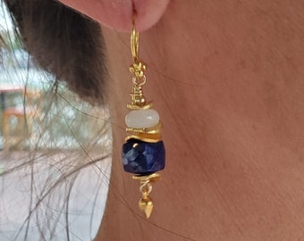 Blue Moon: Faceted Cubes of Lapis and Moonstone accented in Golden Vermeil Earrings
