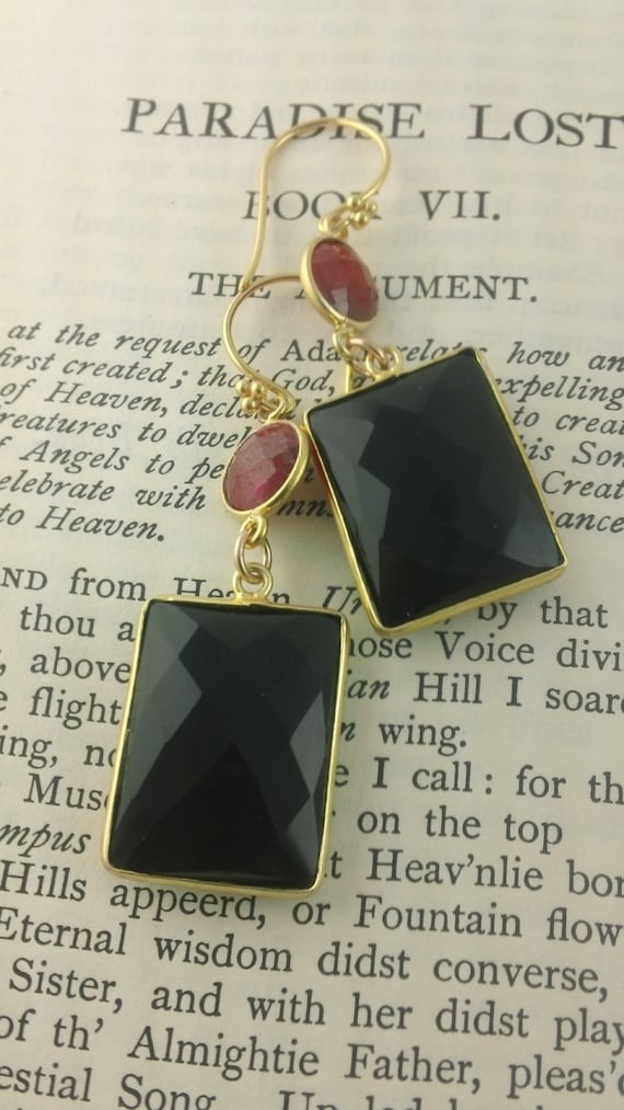Geometric Raw Ruby and Black Onyx earrings