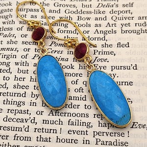 Dangling Ovals of Turquoise and Raw Ruby in Golden Vermeil Earrings
