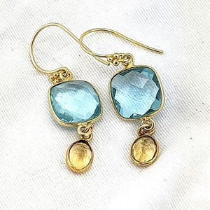 Summer Skies - Squares of Summer Sky Blue Topaz and a Sunshine Citrine Dangle Earrings