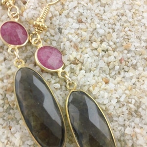 Raw Ruby Smoky Quartz Earrings, Bezeled Ruby and Smoky Quartz Earrings in Gold image 2