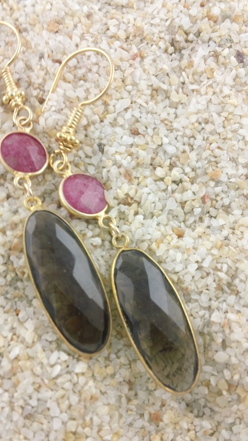 Raw Ruby Smoky Quartz Earrings, Bezeled Ruby and Smoky Quartz Earrings in Gold image 2