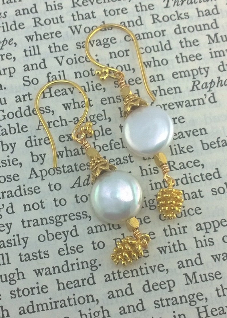 White Coin Pearl and Golden Vermeil Pinecone Earrings