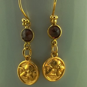 Guardian Angels: A Renaissance Angel hand wrought in Golden Vermeil and Garnet Earrings