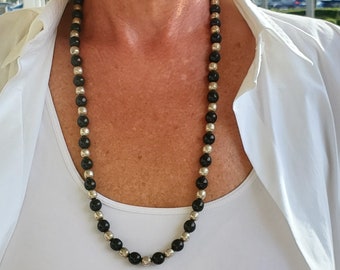 Vintage Duchess: Heavy Black Onyx and Sterling Silver Bead Necklace