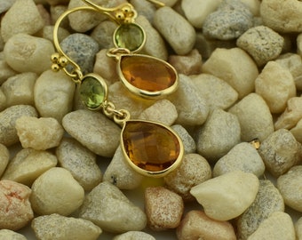 Faceted Peridot and Whiskey Topaz Teardrop Earrings