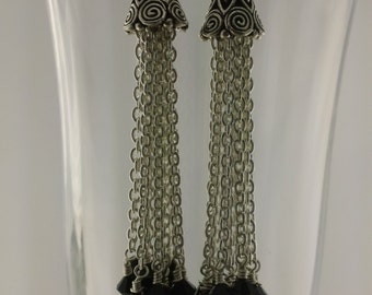 Earrings of Sterling Silver Chain Tassles dangle black Swarovski crystals