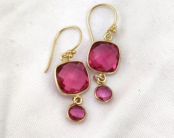 Pink Tourmaline Dangle Earrings: Faceted Vermeil Sterling Silver