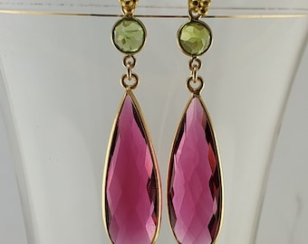 The Czarina II: Elegant Teardrops of Faceted Rubellite and Peridot Earrings