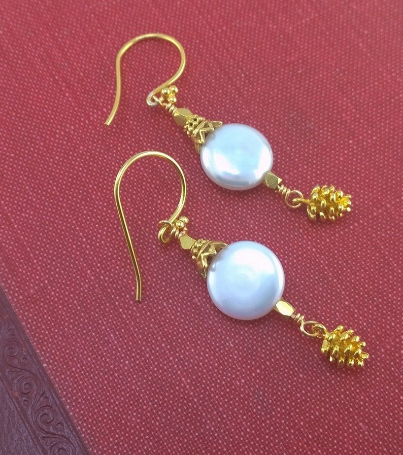 White Coin Pearl and Golden Vermeil Pinecone Earrings
