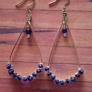 Blue Teardrop Hoop Earrings Wire-wrapped Gemstone, Blue Gold Hoop Earrings, Dangle Earrings, Statement Earrings