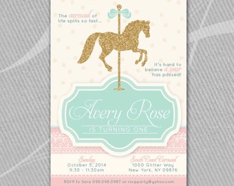 CAROUSEL HORSE - Invitation - Printable // Gold, Glitter, Lace Polka-Dot, Pink, Blue