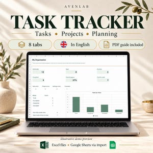 Task Tracker Spreadsheet for Excel and Google Sheets, Weekly Planner, Monthly Calendar, Kanban Board & Project Tracker
