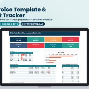 Può includere: Un modello di fattura digitale e un tracker della contabilità clienti visualizzati sullo schermo di un portatile. L'interfaccia presenta dashboard di dati colorate, tabelle per i saldi dei clienti e report di scadenza.