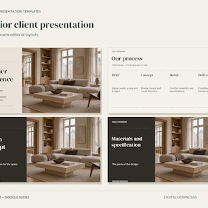 May include: A digital presentation template set titled Interior client presentation with 36 slides. The layouts feature text headers like Frogner Residence, Our process, Design concept, and Materials and specification with interior room imagery.