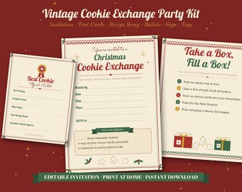 Printbare set voor een vintage kerstkoekjesruilfeestje: bewerkbare uitnodiging, koekjesetiketten, receptenruilkaartjes, inschrijflijst en stemformulier.