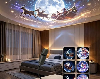 Puede incluir: Una lámpara proyector USB negra y flexible con un soporte que muestra seis diapositivas circulares con temas navideños, incluyendo a Santa en un trineo, muñecos de nieve y escenas invernales proyectadas en el techo.