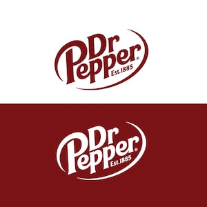 May include: The Dr Pepper logo in dark maroon text on a white background and in white text on a dark maroon background. The logo features the stylized brand name Dr Pepper with the text Est.1885 enclosed within a curved oval border.