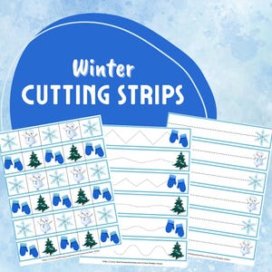 Könnte beinhalten: Ausdruckbare Schneidestreifen zum Thema Winter für Kinder. Die Streifen zeigen Bilder von Schneemännern, Schneeflocken, Fäustlingen und Tannenbäumen. Die Streifen sind so konzipiert, dass sie Kindern helfen, das Schneiden zu üben.