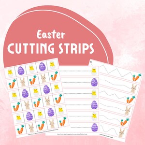 May include: Printable Easter cutting strips activity for kids. The strips feature images of Easter eggs, chicks, bunnies, and carrots. The strips are designed to be cut apart and used for a variety of activities, such as matching, sequencing, and counting.