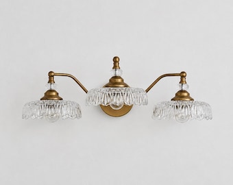 3-Light Antique Brass Vanity Light, Crystal Glass Bathroom Wall Sconce, E26 Base Vintage Bath Lighting, Brass Finish Mirror Light