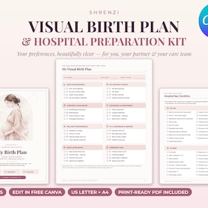 Puede incluir: Un conjunto de plantillas de plan de parto visual y preparación hospitalaria con una ilustración en acuarela de una persona embarazada, listas de verificación organizadas para preferencias de parto y artículos para el hospital.