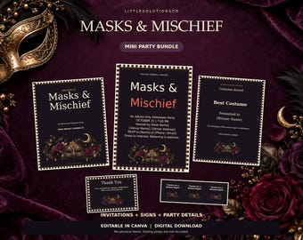 Soirée d'Halloween réservée aux adultes : Masque doré, motif floral sombre et corbeau (Téléchargement numérique)