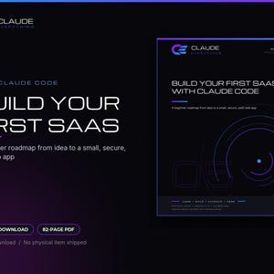 以下が含まれることがあります： Build Your First SaaS with Claude Codeというタイトルの82ページのデジタルPDFガイド。表紙は、紫と青のグラデーションのアクセント、円形のグラフィック要素、およびLearn, Build, Automate, Growというテキストが配置された暗い背景が特徴です。