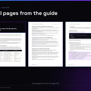 Op de afbeelding: Drie digitale documentpagina's uit een gids getiteld A Look Inside Real pages from the guide. De tekst beschrijft hoofdstukken over het bouwen van websites, AI-automatisering en veiligheidsgewoonten, met tabellen, lijsten en codefragmenten.