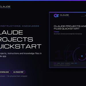 以下が含まれることがあります： Claude Projects and Files Quickstartと題された24ページのデジタルPDFガイド。ダークな背景に青と紫のグラデーションが施されています。テキストにはFiles, Instructions, Knowledge、およびSet up Projects, instructions and knowledge files in the Claude appが含まれています。