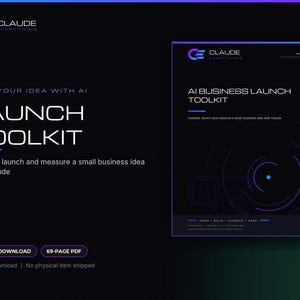 Op de afbeelding: Een digitale 69-pagina PDF getiteld AI Business Launch Toolkit van Claude Everything. Het document heeft een zwarte omslag met paarse en blauwe cirkelvormige grafische elementen, witte tekst en de zinnen Test Your Idea With AI en Learn Build Automate Grow.
