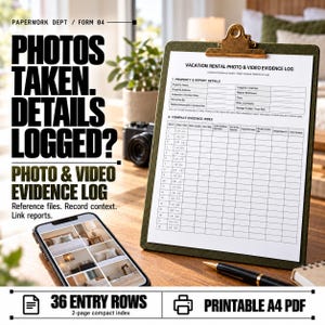 Peut inclure: Un journal de preuves photo et vidéo pour location de vacances en format PDF A4 imprimable sur un presse-papier. Le document comprend des sections pour les détails de la propriété et un index compact de 36 lignes. Un smartphone et un stylo noir sont présents.