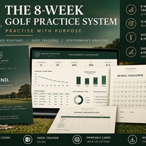 Peut inclure: Le système d'entraînement de golf de 8 semaines comprend un guide de 26 pages, un tableau de bord de performance sur écran, une fiche de défi de 50 balles, un journal de séance et un suivi de parcours, aux tons vert foncé et crème.