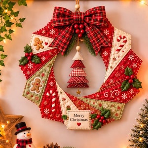 May include: A quilted Christmas wreath featuring red and green fabric panels with gingerbread men, candy canes, and holly accents. A large red plaid bow sits at the top, and a small fabric Christmas tree hangs in the center. A tag reads Merry Christmas.