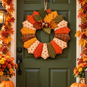 May include: A circular fabric wreath featuring a sunburst pattern of quilted panels in shades of orange, yellow, green, and brown. The center is adorned with fabric leaves and two small brown acorns, all suspended by a rope loop.