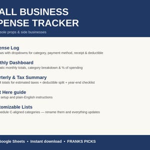 May include: A digital small business expense tracker for LLCs, sole props, and side businesses. Features include an expense log with 300 rows, a monthly dashboard, quarterly and tax summary, a start here guide, and customisable lists with 22 categories.